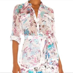 ROCOCO SAND X REVOLVE Blouse Purple Blue White Floral Sheer Long Sleeve Small